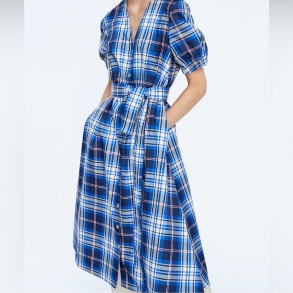 Zara Blue Plaid Midi shirt button Dress with Tie Waist USA small